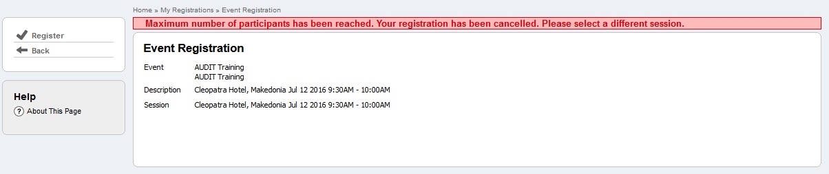 Error message when maximum number of participants has been reached