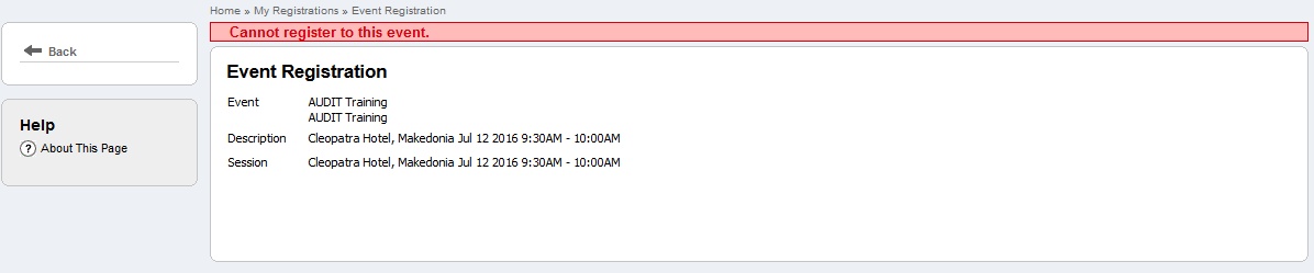 Error message when you don't have access to register to an event  session