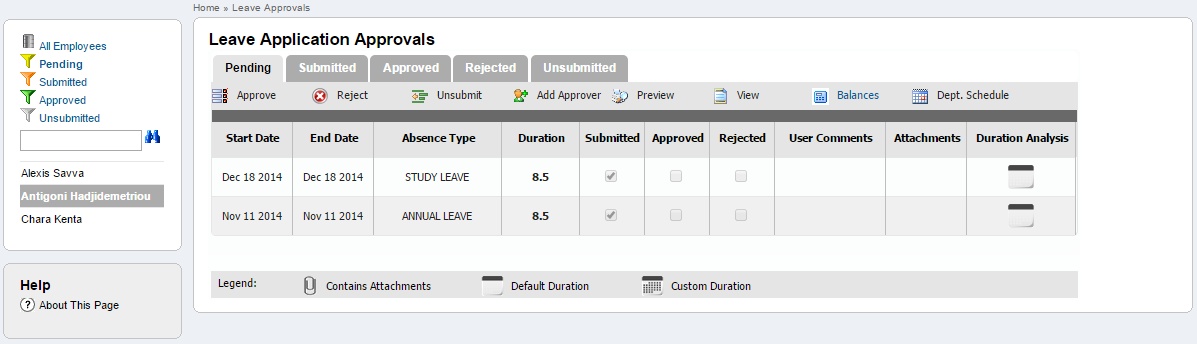 Leave Application Approval page