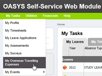 My Overseas Travelling Expenses menu