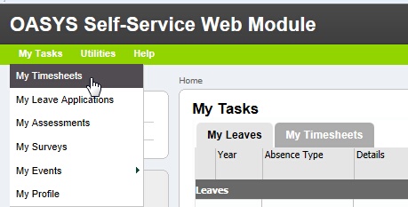 Timesheets menu
