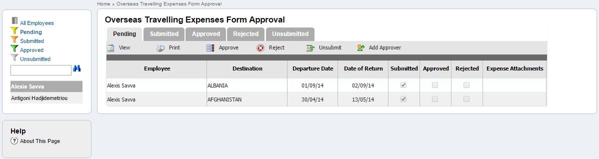 Overseas Travelling Expenses Approval page
